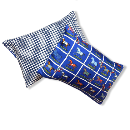 Petites Chevaux Blue Houndstooth Vintage Silk Scarf Pillows