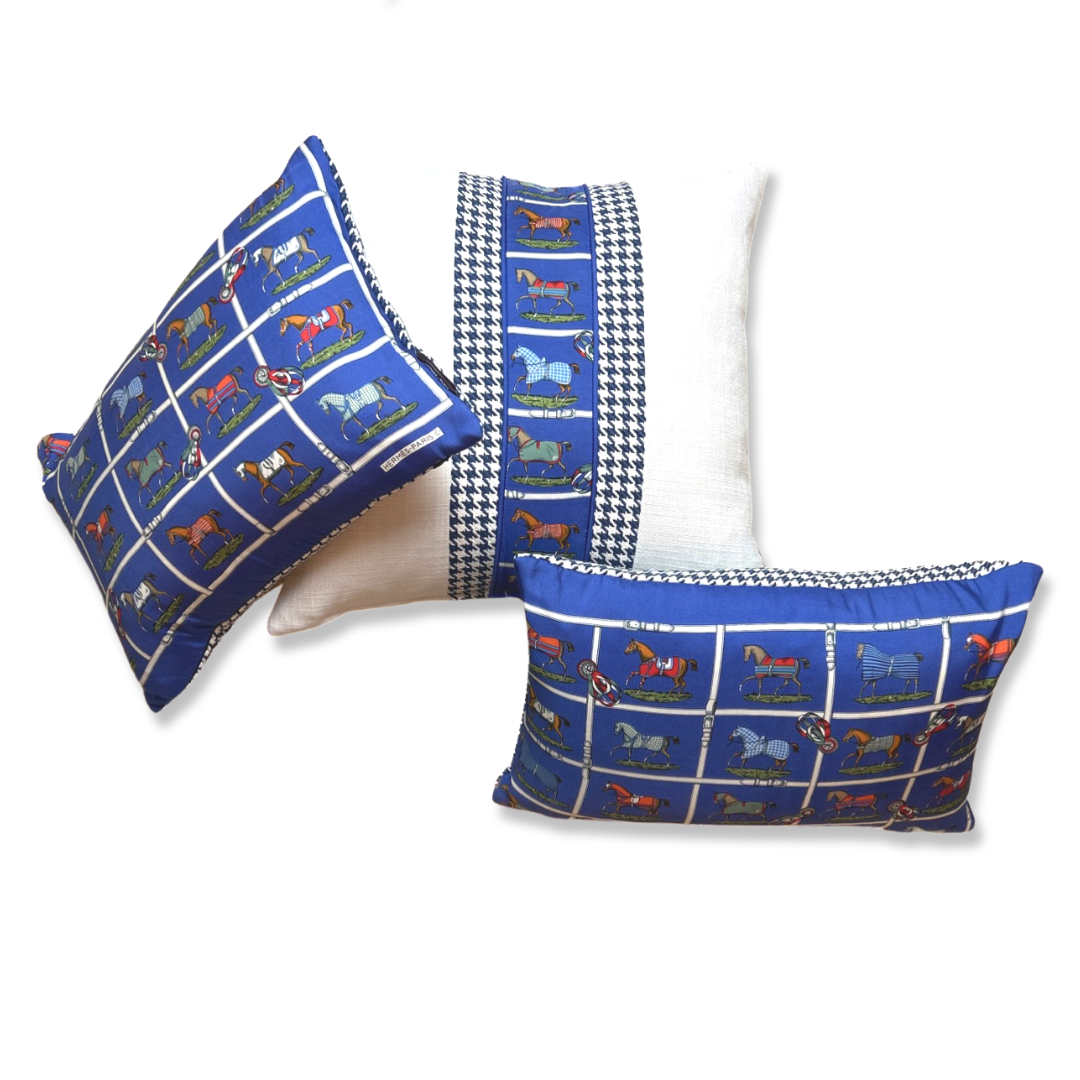 Petites Chevaux Blue Houndstooth Vintage Silk Scarf Pillows