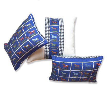 Petites Chevaux Blue Houndstooth Vintage Silk Scarf Pillows