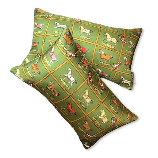 Petites Chevaux Green Tartan Vintage Silk Scarf Pillows