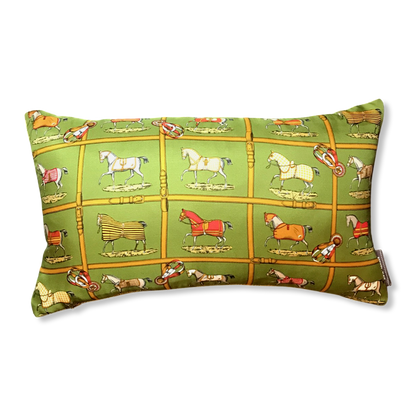 Petites Chevaux Green Tartan Vintage Silk Scarf Pillows