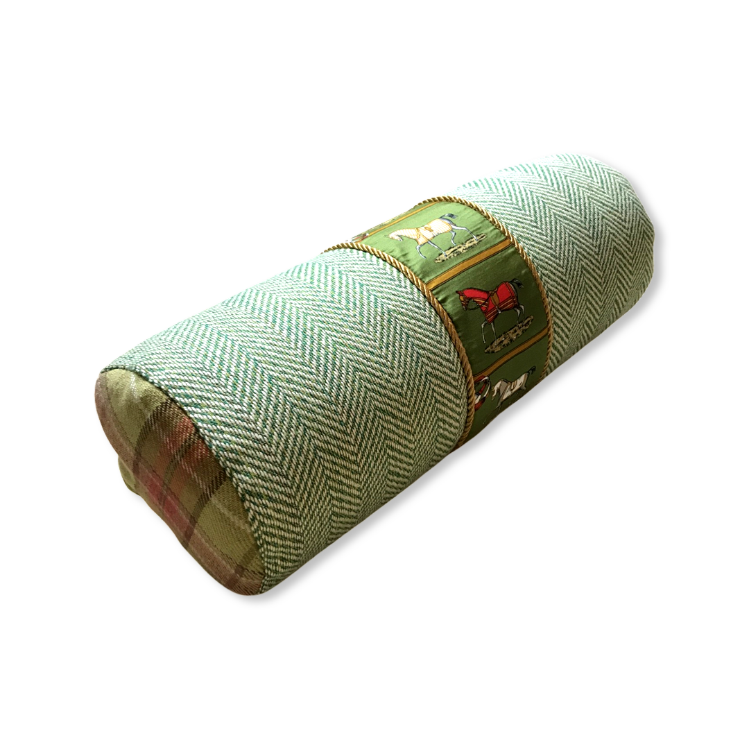 Petites Chevaux Green Tartan Vintage Silk Scarf Pillows