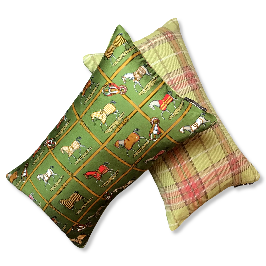 Petites Chevaux Green Tartan Vintage Silk Scarf Pillows
