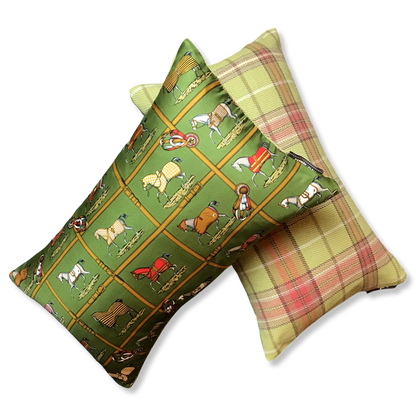 Petites Chevaux Green Tartan Vintage Silk Scarf Pillows