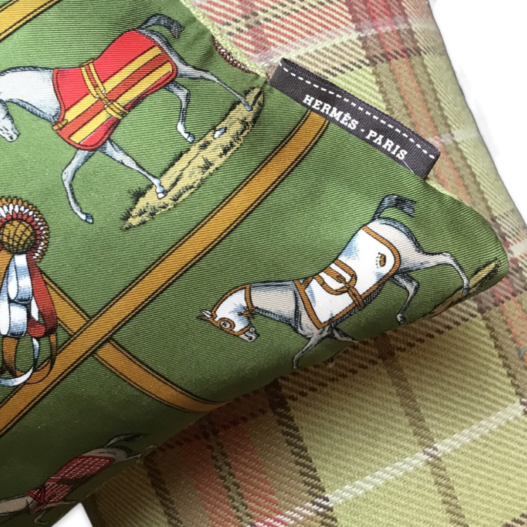Petites Chevaux Green Tartan Vintage Silk Scarf Pillows