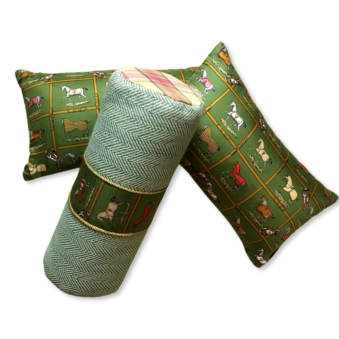 Petites Chevaux Green Tartan Vintage Silk Scarf Pillows