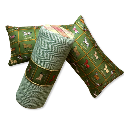 Petites Chevaux Green Tartan Vintage Silk Scarf Pillows