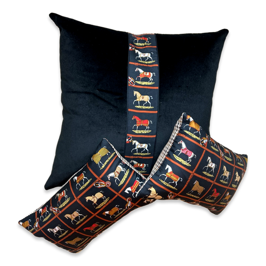Petites Chevaux Noir Vintage Silk Scarf Pillows