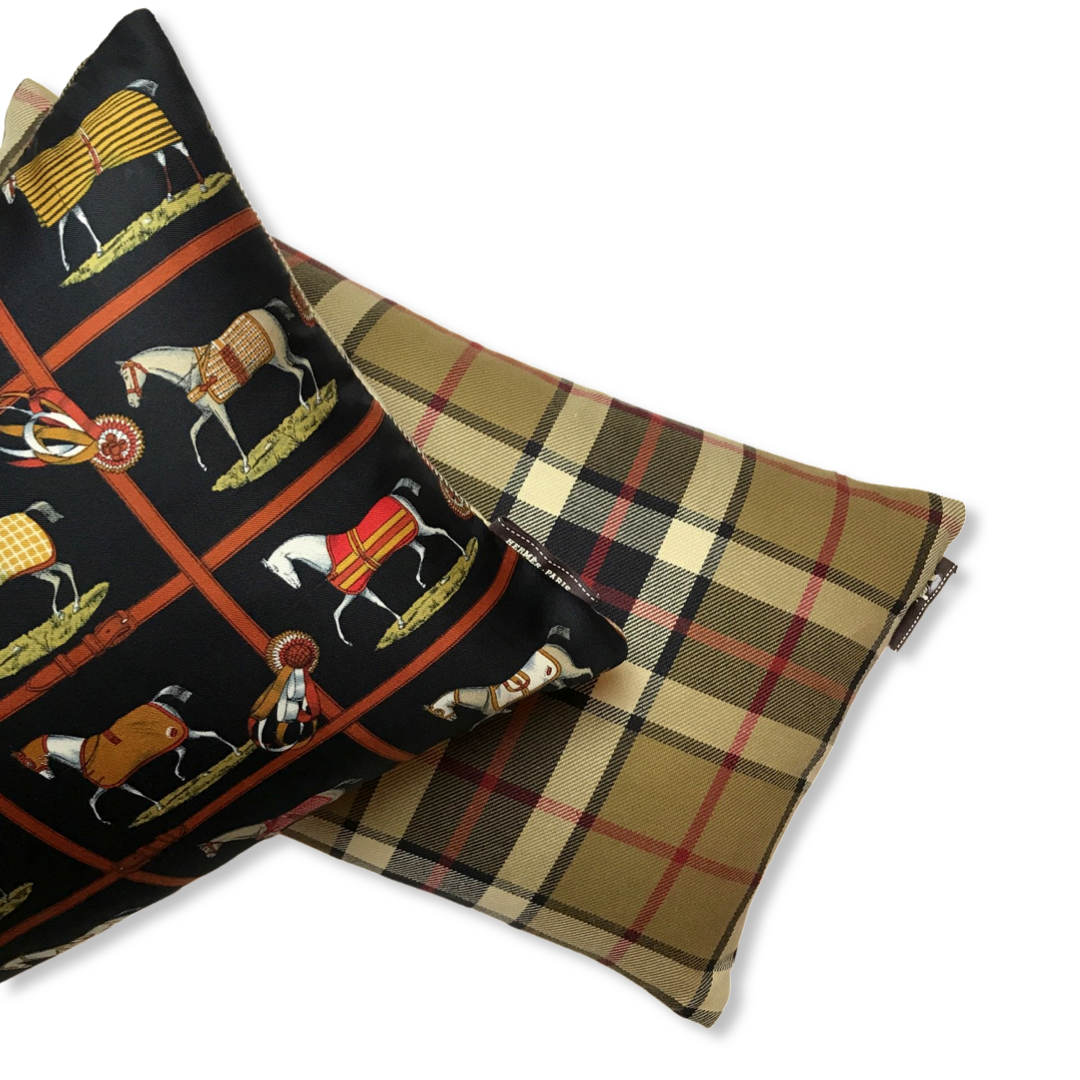 Petits Chevaux Noir Vintage Silk Scarf Pillows 20"
