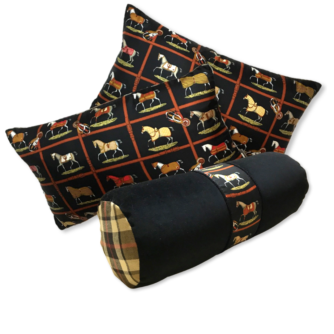 Petits Chevaux Noir Vintage Silk Scarf Pillows 20"