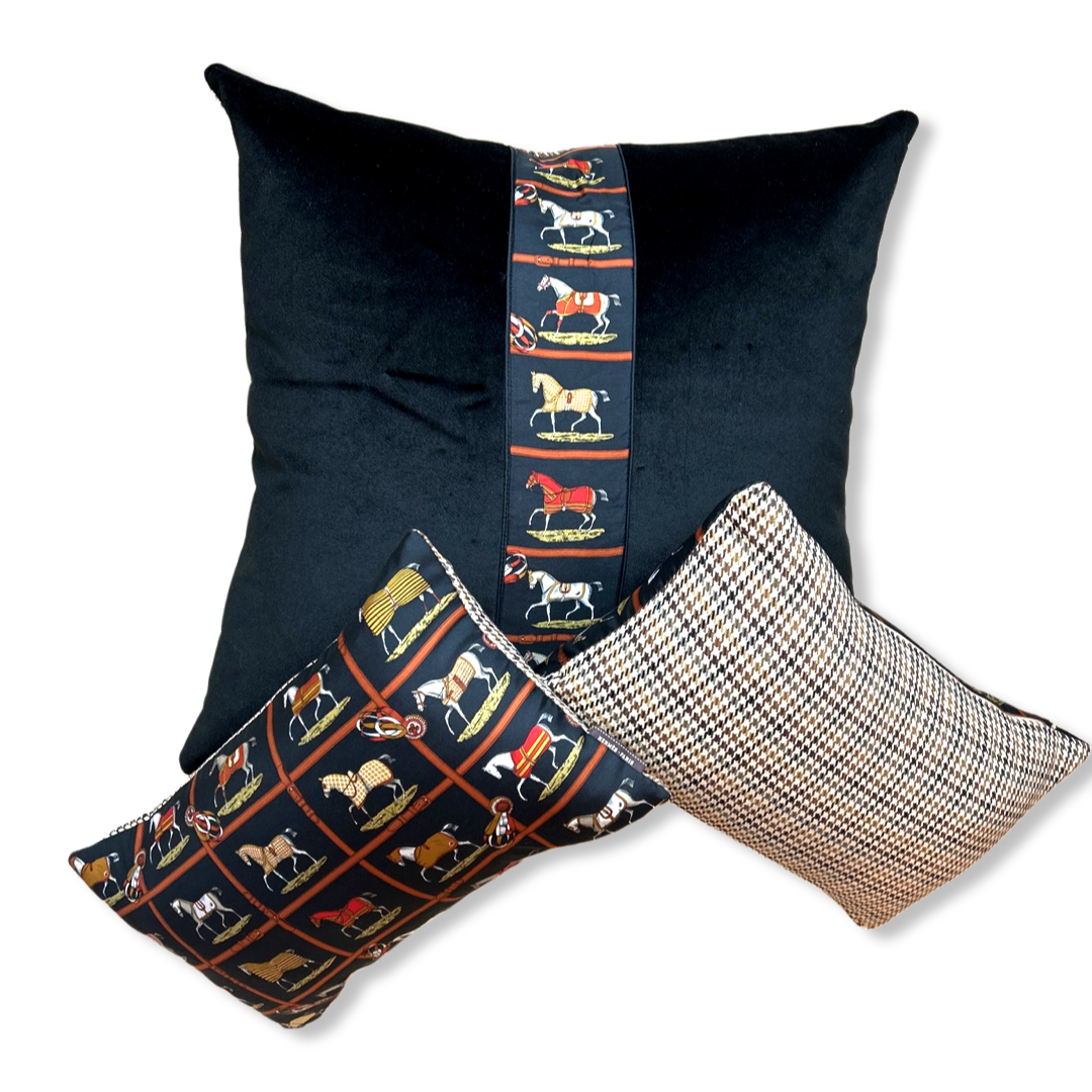 Petites Chevaux Noir Vintage Silk Scarf Pillows