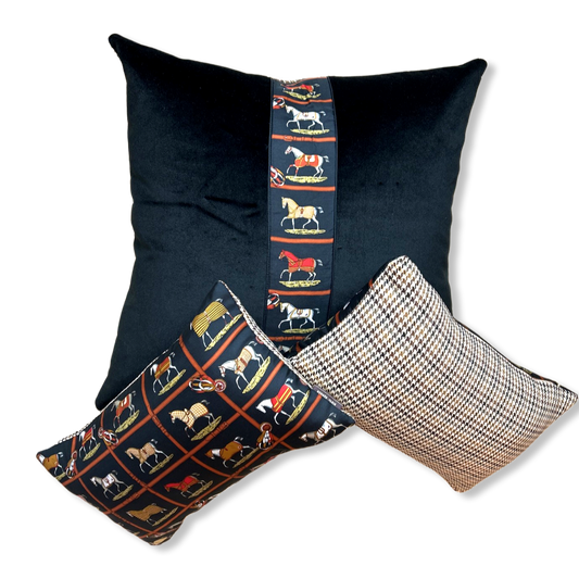 Petites Chevaux Noir Vintage Silk Scarf Pillows