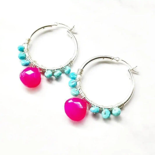 Pink and Sleeping Beauty Turquoise Silver Wire Hoop Earrings