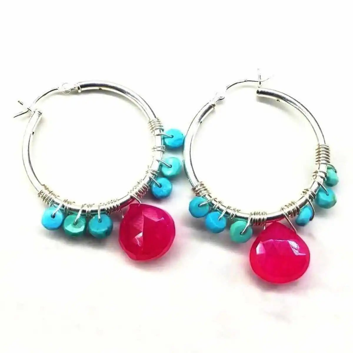 Pink and Sleeping Beauty Turquoise Silver Wire Hoop Earrings