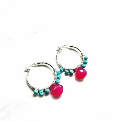 Pink and Sleeping Beauty Turquoise Silver Wire Hoop Earrings