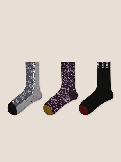Long-Staple Cotton 3-Pair Floral Embossed Slouch Mid-Calf Sock Set