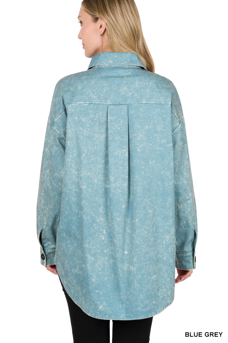 Plus Size Cotton Woven Oversized Vintage Washed Shacket – Western Layered Style