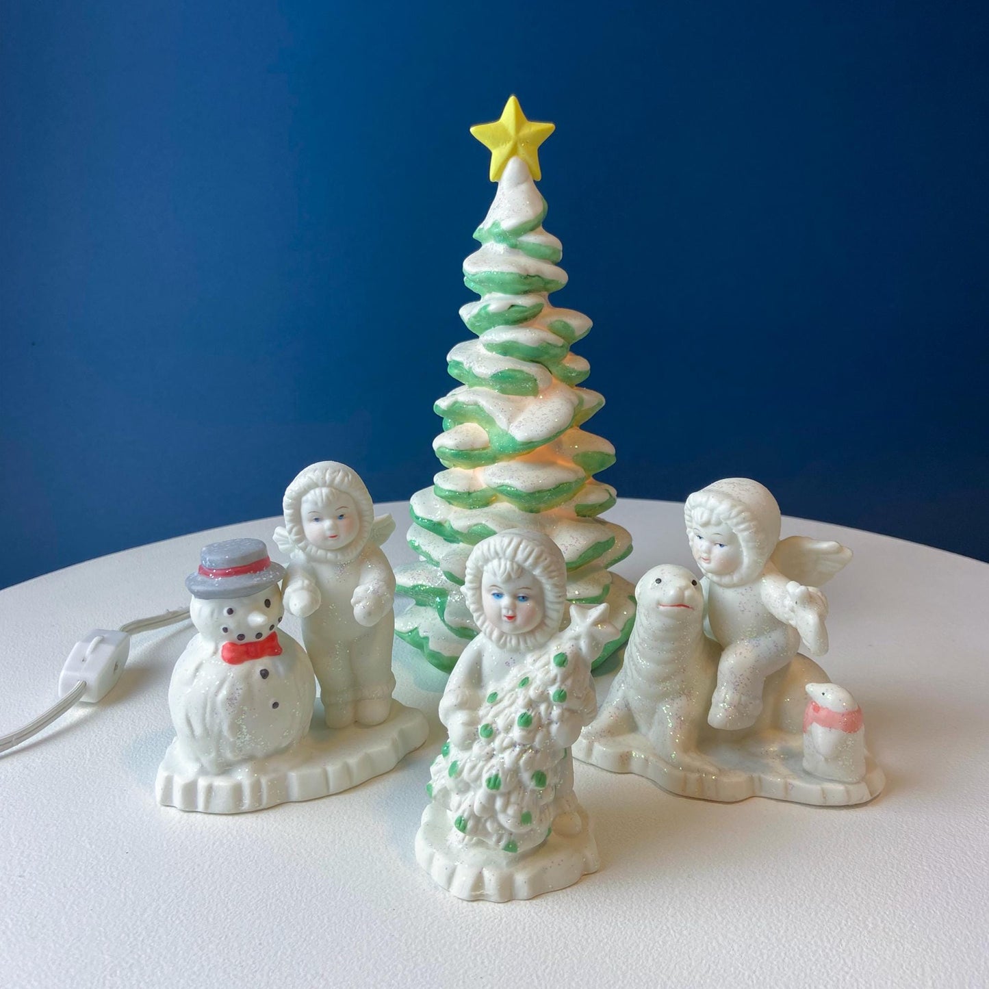 Polar Pals Playing in Snow Under Lit Christmas Tree. 3 White Porcelain Cupid Figurines Celebrating Friendship. Kids Room. Night Light.