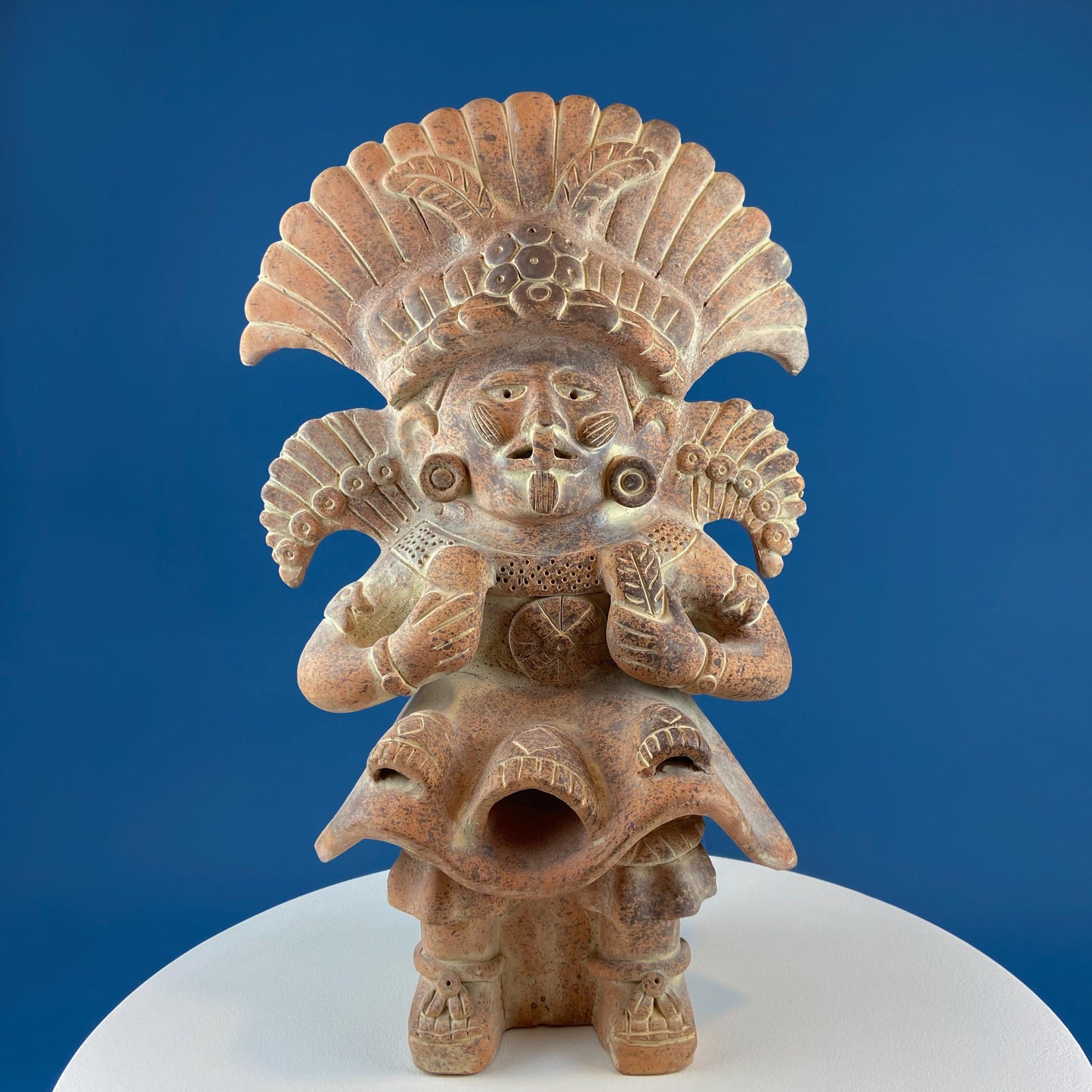 Large Pre-Columbian Style Figurative Urn Vessel Vase Pottery. Red Clay Aztec Warrior. Zapotec Art. Ethnic Home Decor. Gift for Art Collector