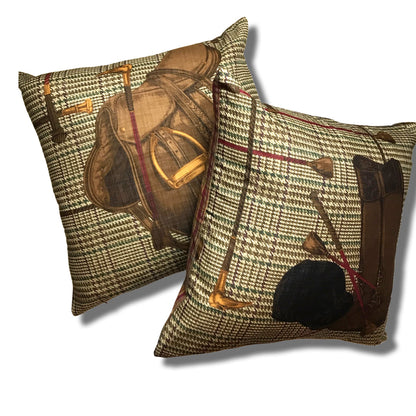 Prince of Wales Equestrian Saddle Vintage Silk Scarf Pillow 27"