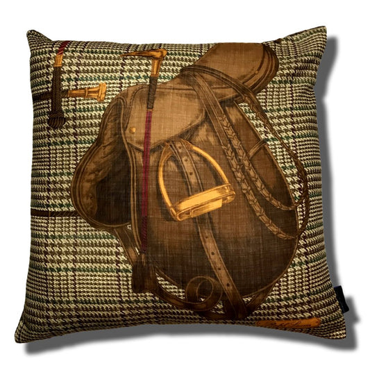 Prince of Wales Equestrian Saddle Vintage Silk Scarf Pillow 27"