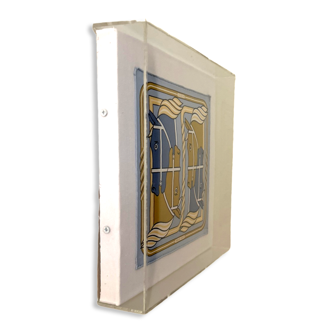 Quadrige II Blue Acrylic Shadow Box Framed Vintage Silk Scarf 10"