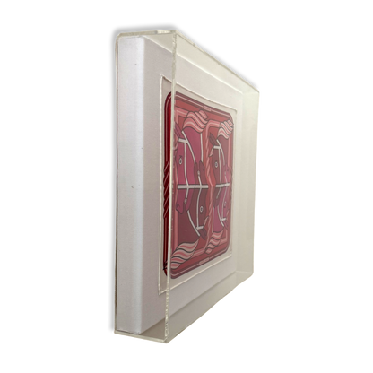 Quadrige II Red Acrylic Shadow Box Framed Vintage Silk Scarf 10"