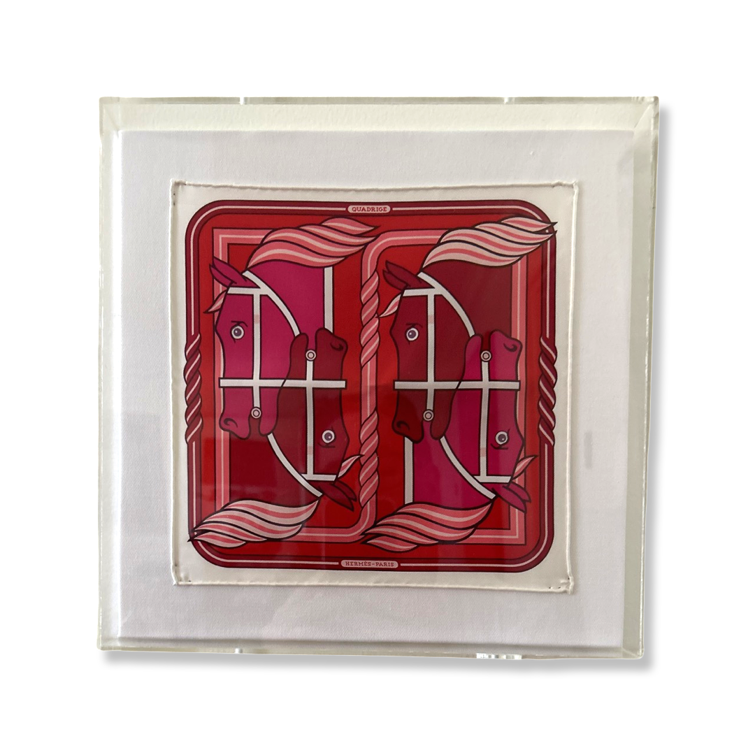 Quadrige II Red Acrylic Shadow Box Framed Vintage Silk Scarf 10"