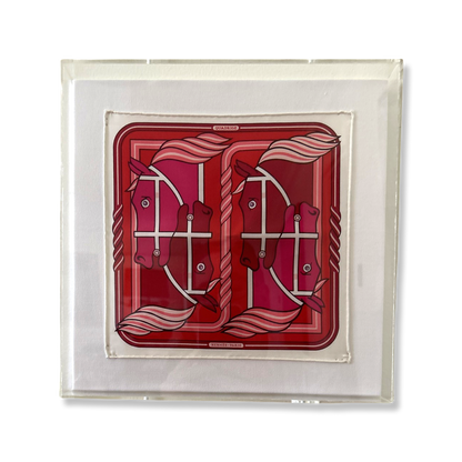 Quadrige II Red Acrylic Shadow Box Framed Vintage Silk Scarf 10"