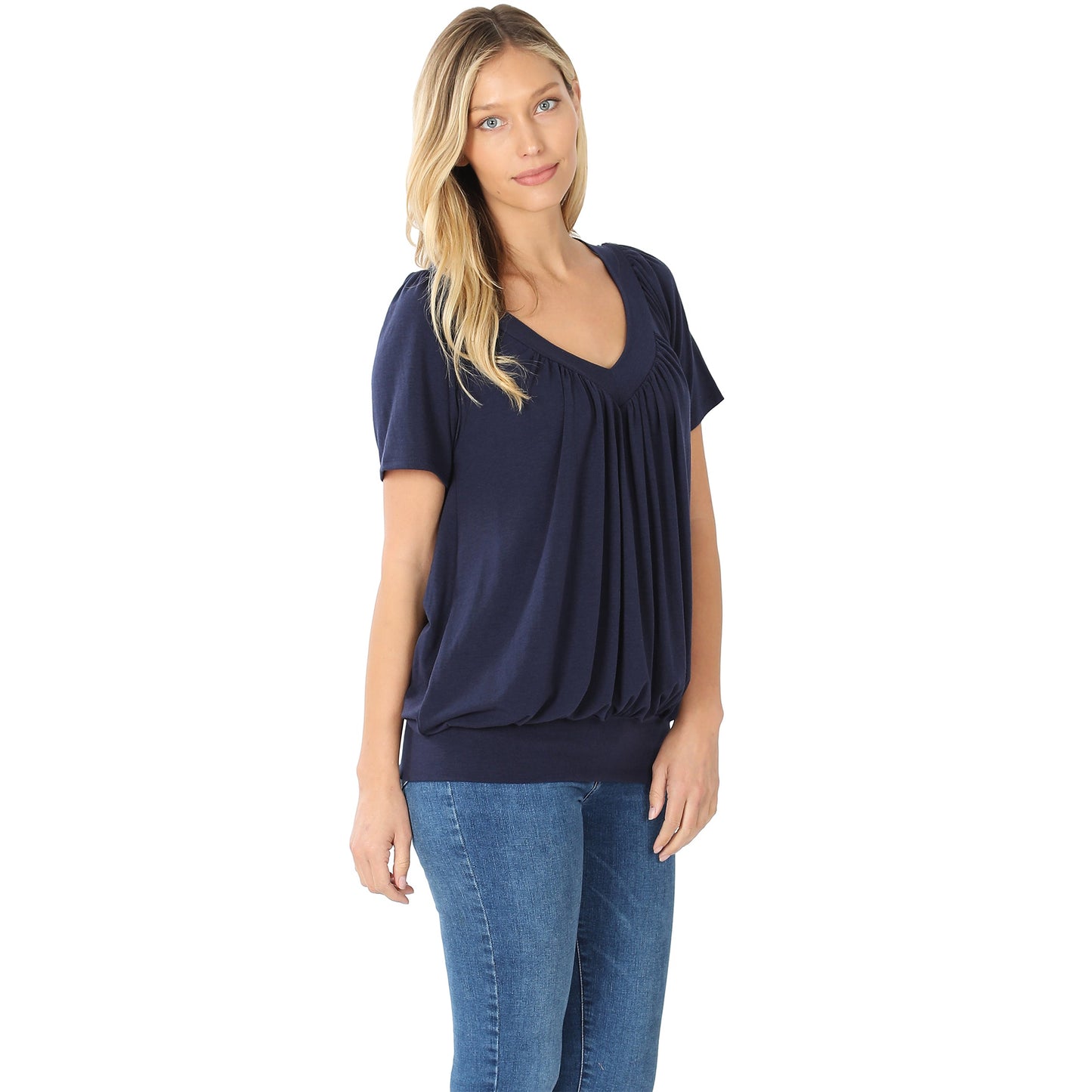 Zenana Women’s V-Neck Short Sleeve Shirring Top – Soft Stretch Knit, Casual Everyday Tee