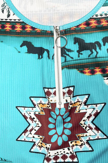 Turquoise Aztec Western Print Zipper Down Tank Top