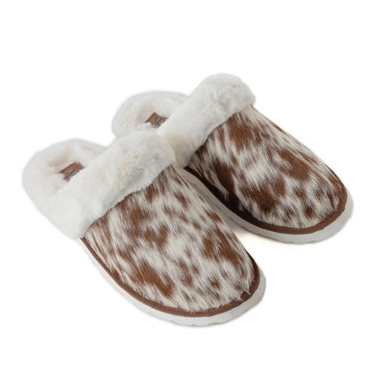 Myra Alamosa Tan Fur-Lined Hairon Leather Slippers for Women Winter Indoor Comfort, Soft Sole, Western Style