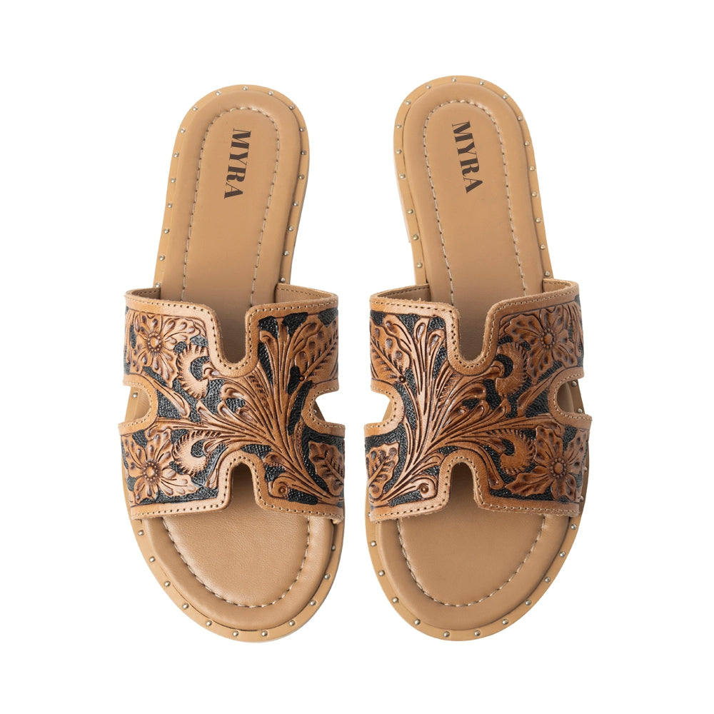 Myra Carmina Anne Dark Embossed Leather Slip-On Sandals for Women â€“ Western H-Cut Slides with Studded Trim