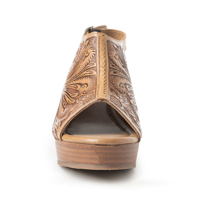 Myra Mila's Trail Embossed Leather Wedge Heels for Women Tan Floral Design, Adjustable Buckle, Comfortable Western Platform