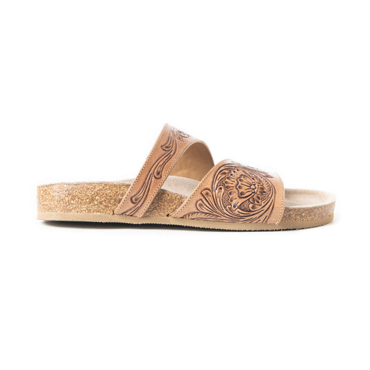 Myra Westward Wind Handtooled Leather Slide Sandals for Women â€“ Cross-Strap Design with Soft Cork Sole for Cushioned Western Comfort