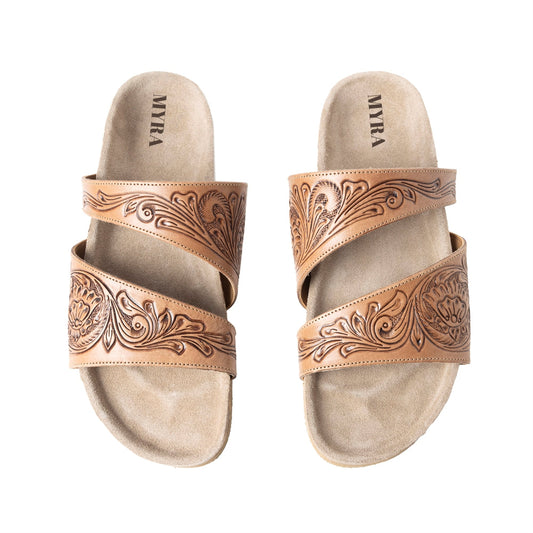 Myra Westward Wind Handtooled Leather Slide Sandals for Women â€“ Cross-Strap Design with Soft Cork Sole for Cushioned Western Comfort