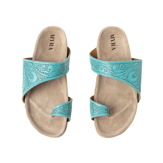 Myra Eastward Winds Embossed Leather Sandals for Women – Asymmetrical Strap, Cork-Finish Sole & Toe Loop for Desert Chic Appeal