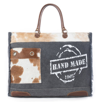 Myra Dakota Trail Hairon Leather Weekender Bag â€“ Handmade Canvas Print with Rustic Fringe Sides & Leather Handles
