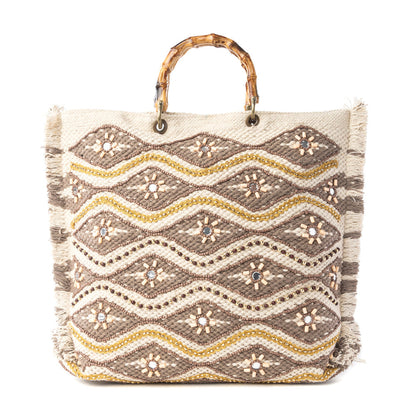 Myra Harvest Dune Hand Embroidered Tote Bag in Misty Taupe
