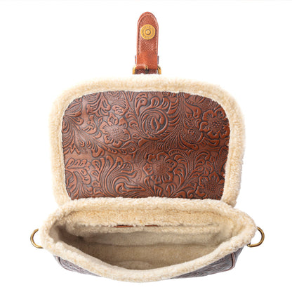 Myra Alpine Rose Embossed Leather Crossbody Bag with Fur Accent in Chestnut Red