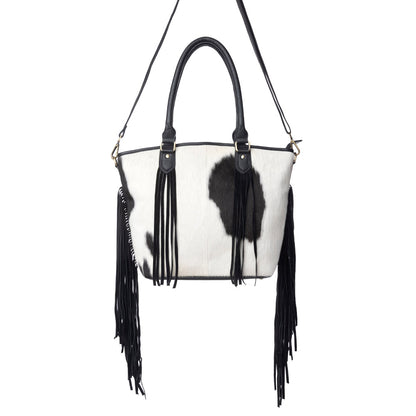 Myra High Plains Hairon Leather Concealed Fringe Carry Bag in Ebony Bone