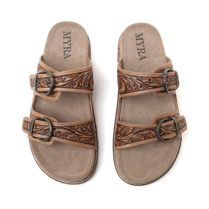 Myra Willow Bloom Handtooled Leather Sandals in Ashen Brown