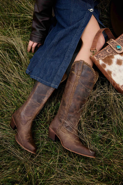 Myra Maple Creek Handtooled Bag in Sandroot Brown