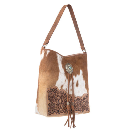 Myra Yellowstone Tawny Ridge Handtooled Hairon Concealed Carry Bag in Ivory Mocha