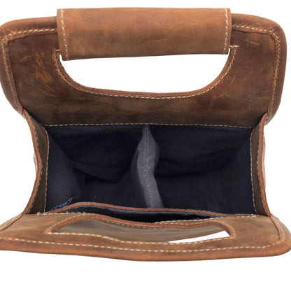 Myra Cypress Field Hairon Leather Wine Bottle Holder in Shadow Cream Chestnut Brown