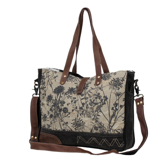 Myra Mystique Canvas Leather Messenger Bag - Dual Strap Floral Satchel with Vintage Print and Adjustable Crossbody Design