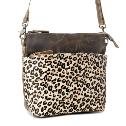 Myra Feline Hairon Leather Crossbody Bag Suede Finish, Leopard Print Front, Adjustable Strap for Everyday Chic