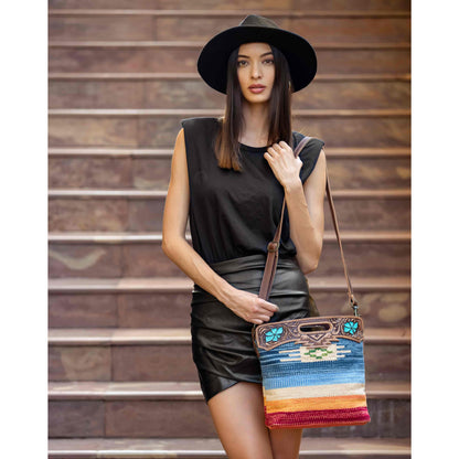 Myra Azure Petals Woven Crossbody Bag with Handtooled Leather â€“ Multicolor Embroidery, Adjustable Strap & Cutout Handle