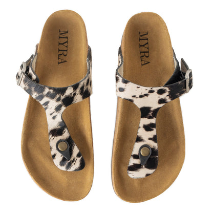 Myra Chino Hairon Leather Sandals for Women â€“ Western Toe Loop Flats with Cork Sole for Comfortable Wear