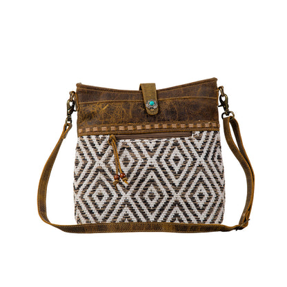 Myra Sand Weaver Shoulder Bag for Women â€“ Rustic Brown Leather, Jacquard Geometric Print, Turquoise Stone Snap for Ranch Chic